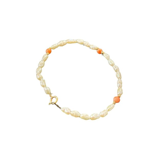 14k Yellow Gold Freshwater Pearl & Coral Bracelet Fine 8 - Picture 2 of 4